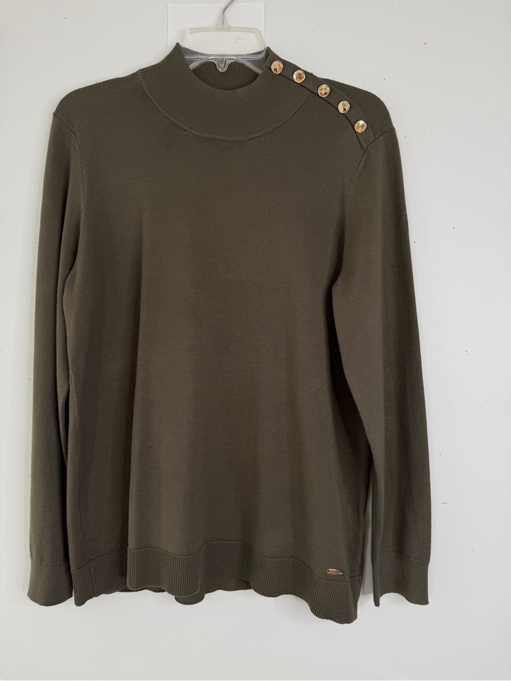 Calvin Klein Olive Green Mock Neck Sweater Gold Button Shoulders SZ L Classic